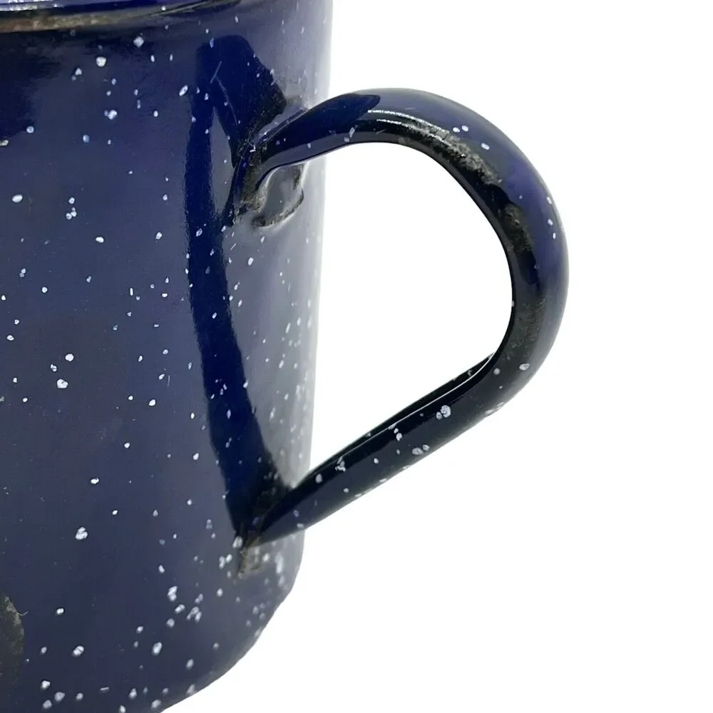 Coffee Mug Blue Speckled Enamel Graniteware Man BBQ Cooking Brick Oven Decor